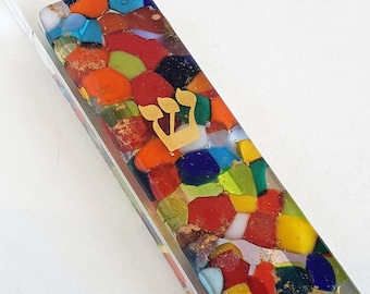 Murano Glass Mezuzah, 5&quot; Case Holder for Door, Housewarming Judaica Gift, Multicolor Jewish Home Decor Art, Brand New