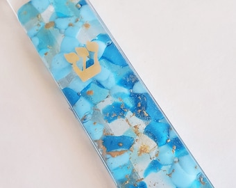Mezuzá de cristal de Murano azul aguamarina de 12,7 cm (5") para puerta, soporte hecho a mano, italiano, regalo de inauguración de casa, arte judío, completamente nuevo