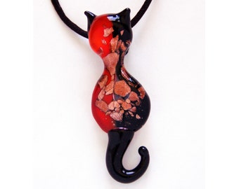 Murano Glass Red Cat Necklace Pendant, Cat Lover Gift, Cat Mom, 24 K Gold Leaf Design, Glass Blown Cat, Handmade, Brand New
