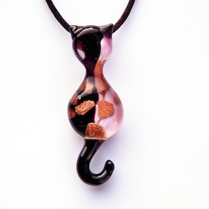 Murano Glass Pink Cat Necklace Pendant, Cat Lover Mom Gift, 24 K Gold Leaf Design, Handmade, Brand New