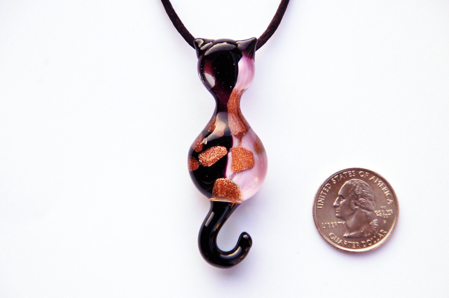 Murano Glass Pink Cat Necklace Pendant, Cat Lover Mom Gift, 24 K Gold