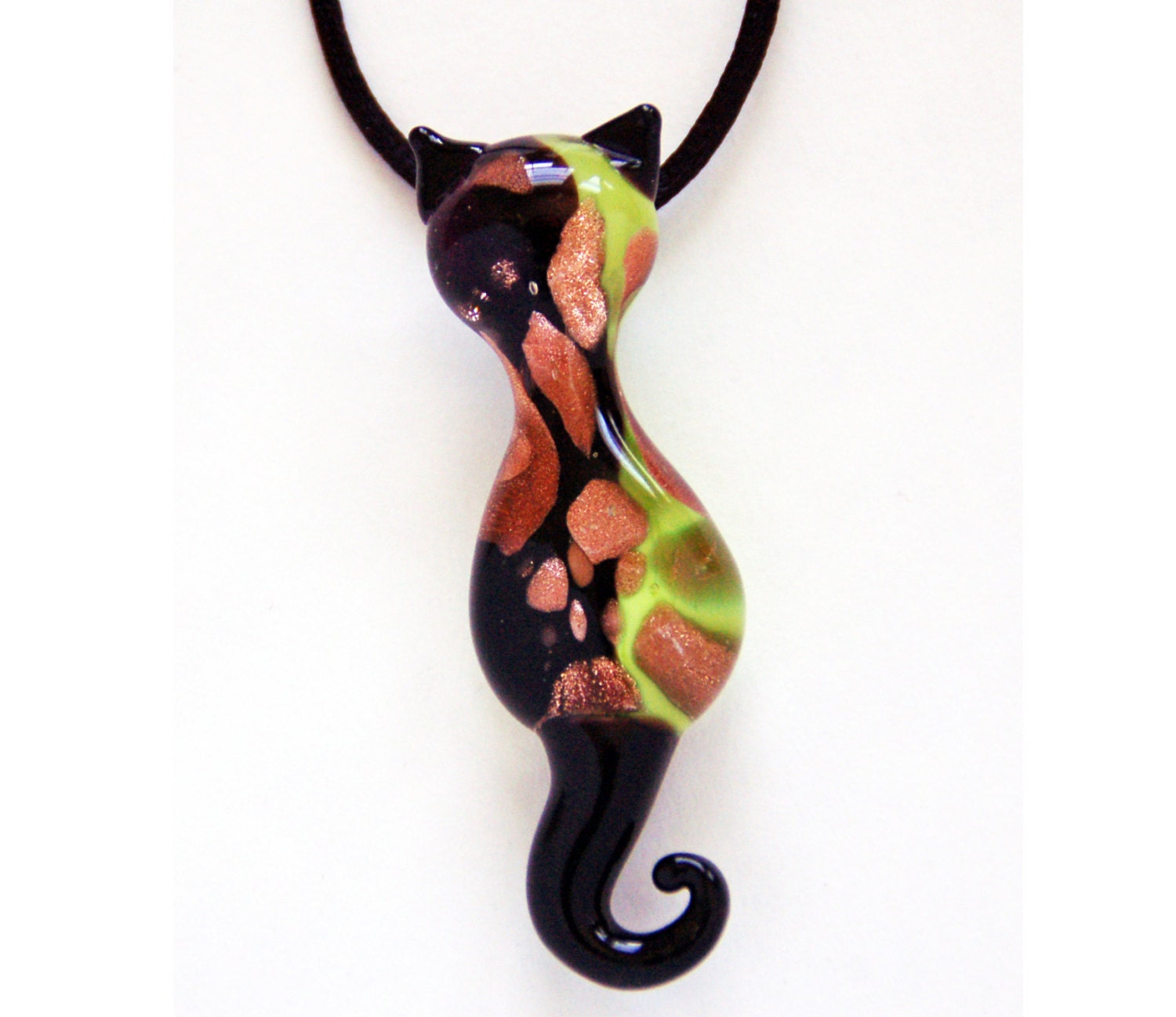 Murano Glass Green Cat Necklace Pendant, Gift for Women, 24 K Gold Leaf