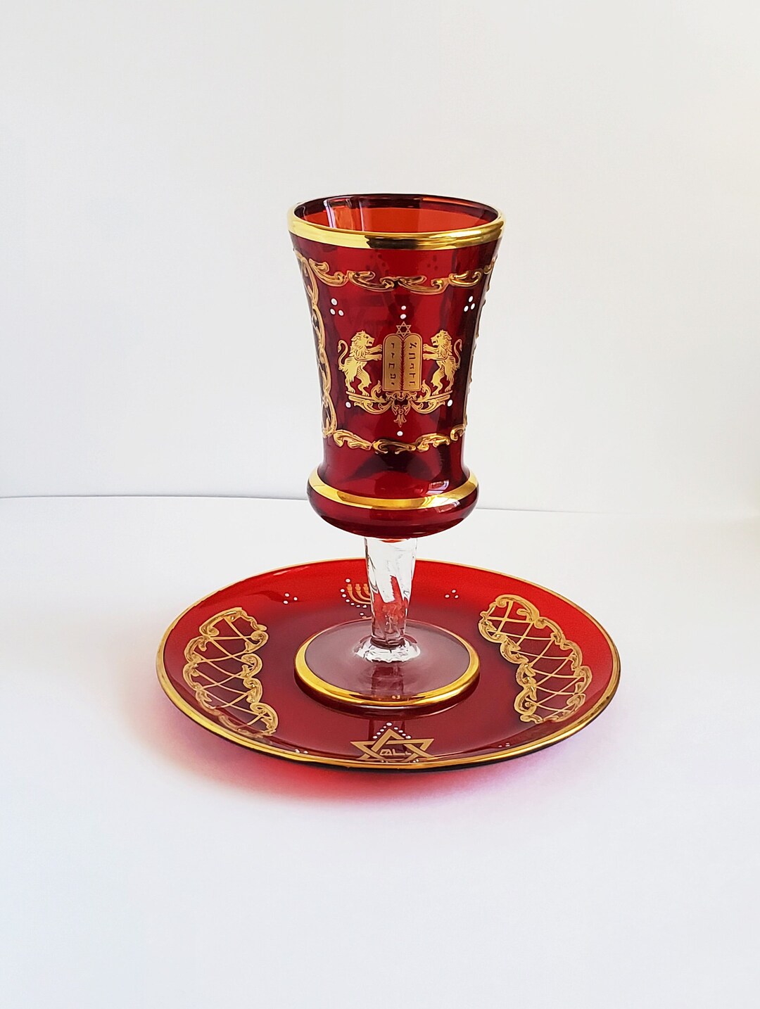 Kiddush Cup With Plate Red Murano Glass, Gold Design, Shabbat Decor