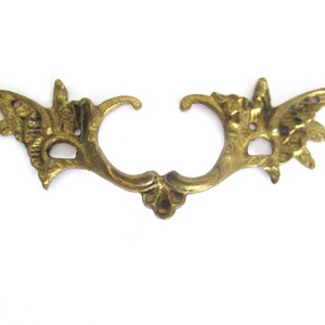 Könnte beinhalten: Ein Paar verzierte goldene Metall-Schubladengriffe mit floralem Design.