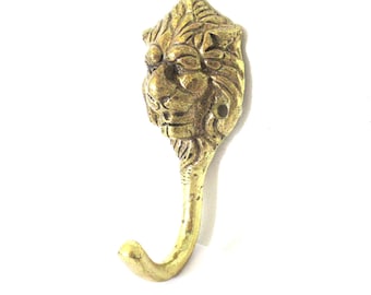 Vintage Solid Brass Lion Head Wall Hook: Decorative Animal Hanger