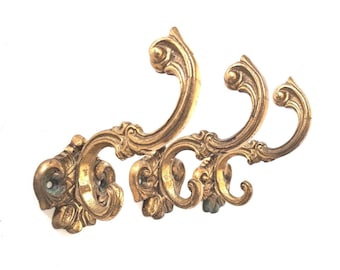 Vintage Ornate Brass Wall Hooks – Set of 3 Coat hooks.
