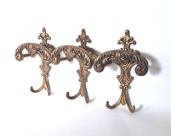 Antique Brass Ornate Victorian style hooks, made in Italy, Set of 3.