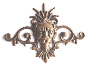 Thin Brass Stamped Embellishment, lion head, pressed Ornament. Furniture applique.
