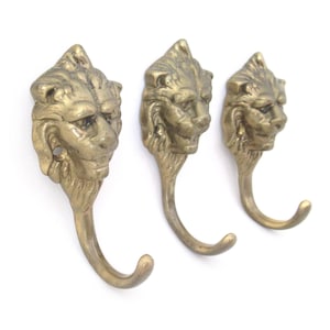 Ganci appendiabiti vintage in ottone a forma di leone, set da 3 pezzi, testa di leone.
