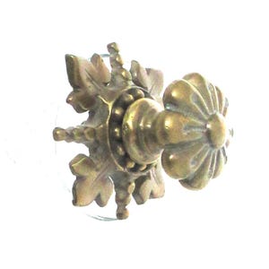 Könnte beinhalten: Ein goldfarbener, dekorativer Knopf aus Metall mit einem floralen Design. Der Knopf hat eine sternförmige Basis mit filigranen Details.