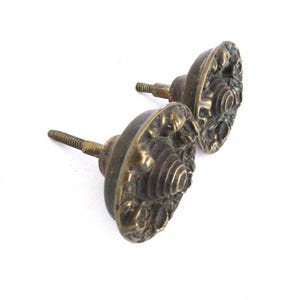 Könnte beinhalten: Zwei antike Messing-Schrankknöpfe mit aufwendigen floralen Designs und einer Schraube auf der Rückseite.