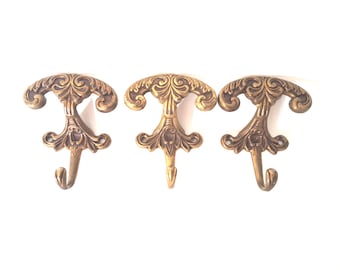 Ornate Brass Victorian Style Wall Hooks, Set of 3, Made in Italy