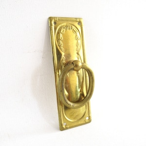 May include: A gold-toned door pull with a decorative floral design and a ring handle.