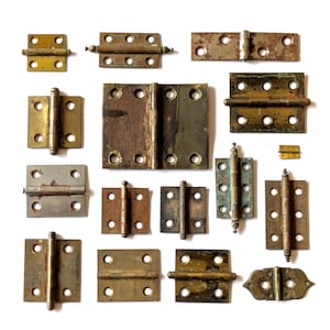 Vintage Scharniere, Sammlung von Möbel- und Dosenscharnieren, Antik, Messing, Metall. Restaurations-Hardware, Bergungsmaterial für Projekte. 16 Stück #96AG92K5