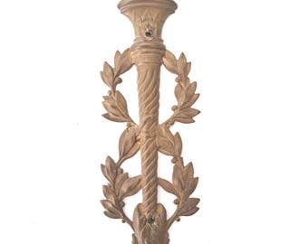 Antique thin brass embellishment with torch and laurel. Furniture Hardware. Escutcheon, restoration supply.