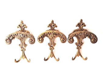 Antique Brass Ornate Victorian style hooks, made in Italy, Set of 3.