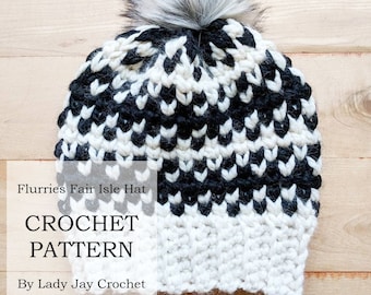 PATTERN: Flurries Fair Isle Hat | Crochet tapestry crochet beanie | diy adult winter hat | Modern crochet hat pattern | Chunky knit beanie