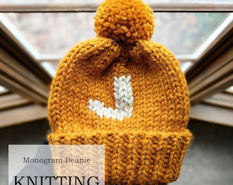 PATTERN: Monogram Beanie | Beginner Friendly Knit Ribbed Beanie Design | Knitting DIY | Newborn Toddler Child Adult Winter Hat