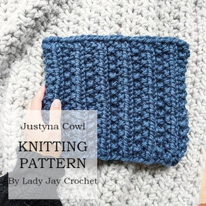 May include: A blue knitted cowl with the text "Justyna Cowl KNITTING PATTERN By Lady Jay Crochet" on a white background.