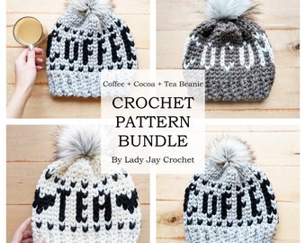 PATTERN BUNDLE: CROCHET Coffee + Cocoa + Tea Beanies | Tapestry Crochet | Fair Isle Crochet | Crochet Hat Pattern | Chunky winter toque