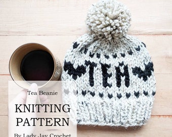 PATTERN: Knit Tea Beanie | Fair Isle Knit Hat design | Knit Heart Beanie | Tea Lover Hat | Chunky knit toque diy | Winter Hat