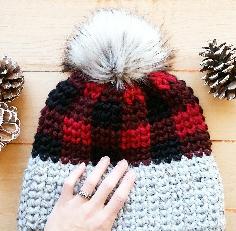 PATTERN: Crochet True North Toque Double Brim Plaid Beanie DIY Tapestry Crochet Buffalo Plaid Beanie Crochet hat pattern image 3