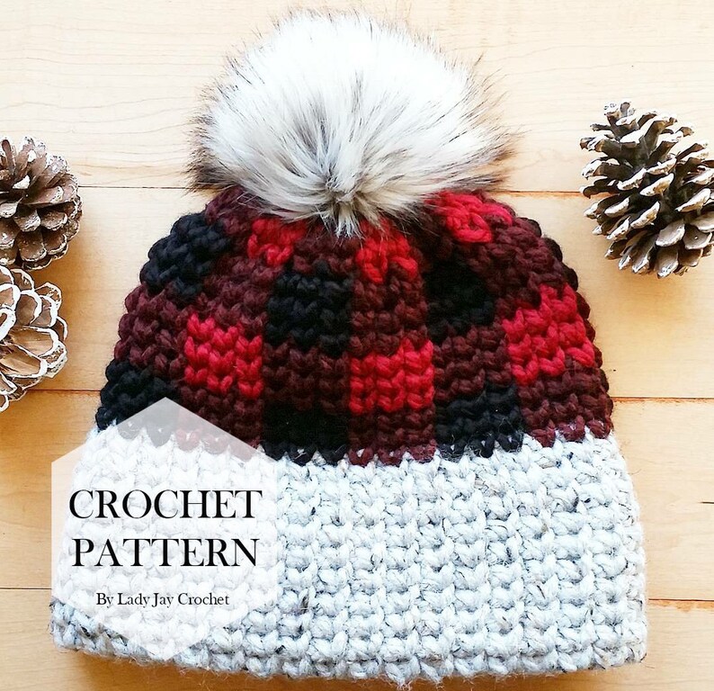 PATTERN: Crochet True North Toque Double Brim Plaid Beanie DIY Tapestry Crochet Buffalo Plaid Beanie Crochet hat pattern image 1