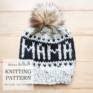 PATTERN: Mama Beanie | Knit Mama Bear Toque | Fair Isle Knitting | Hat with words | DIY knit winter hat | Chunky yarn knit hat pattern
