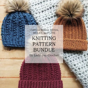 May include: Three knitted beanies in different colors: blue, brown, and burgundy. Each beanie has a fluffy pompom on top. The beanies are arranged on a wooden surface with a crocheted blanket in the background. The text "Justyna Beanie MEGA, BULKY, and LITE KNITTING PATTERN BUNDLE By Lady Jay Crochet" is printed on the image.