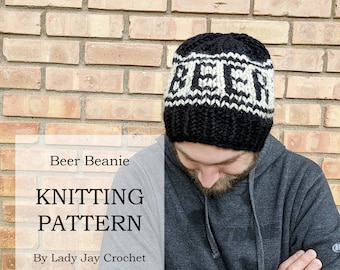 PATTERN: Beer Beanie | Knit Brew Lover Toque | Fair Isle Knitting | Hat with words | DIY men's winter hat | Chunky yarn knit hat pattern