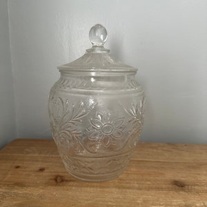 Vintage pressed glass canister with lid (lid is chipped)