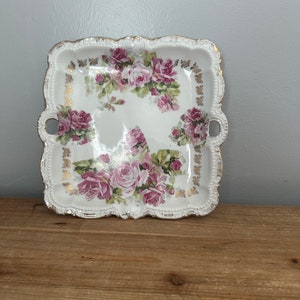 Antique rose decal plate with gold edges