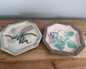 2 square pottery plates with handpainted glaze