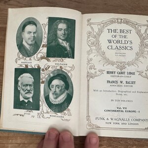 May include: Open book with portraits of historical figures and the title "The Best of the World's Classics." The book features portraits of BARELAIS, VOLTAIRE, HUGO, and MONTAIGNE. Published by FUNK & WAGNALLS COMPANY, New York and London.