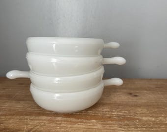 Zestaw 4 zabytkowych szklanych misek do zupy Glasbake z uchwytami