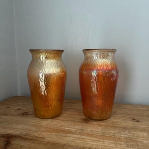 Set of 2 marigold carnival glass vases