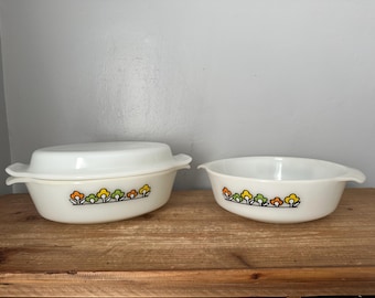 Fire King Summerfield oval casserole with lid and round casserole