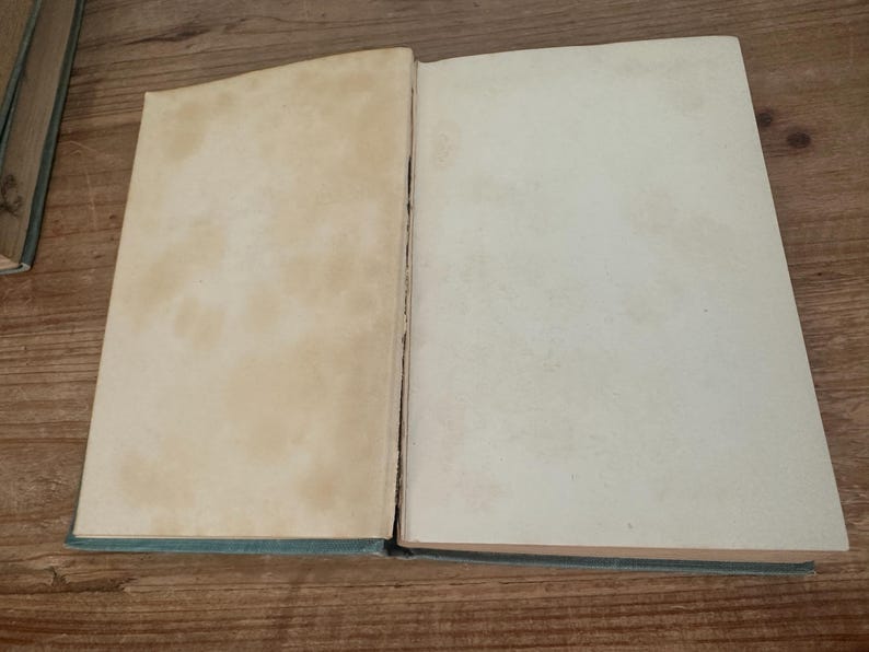May include: An open book with aged, off-white pages. The left page has noticeable brown staining, while the right page is cleaner. The book's spine is visible, and the cover is a muted teal color. The book is lying on a wooden surface.