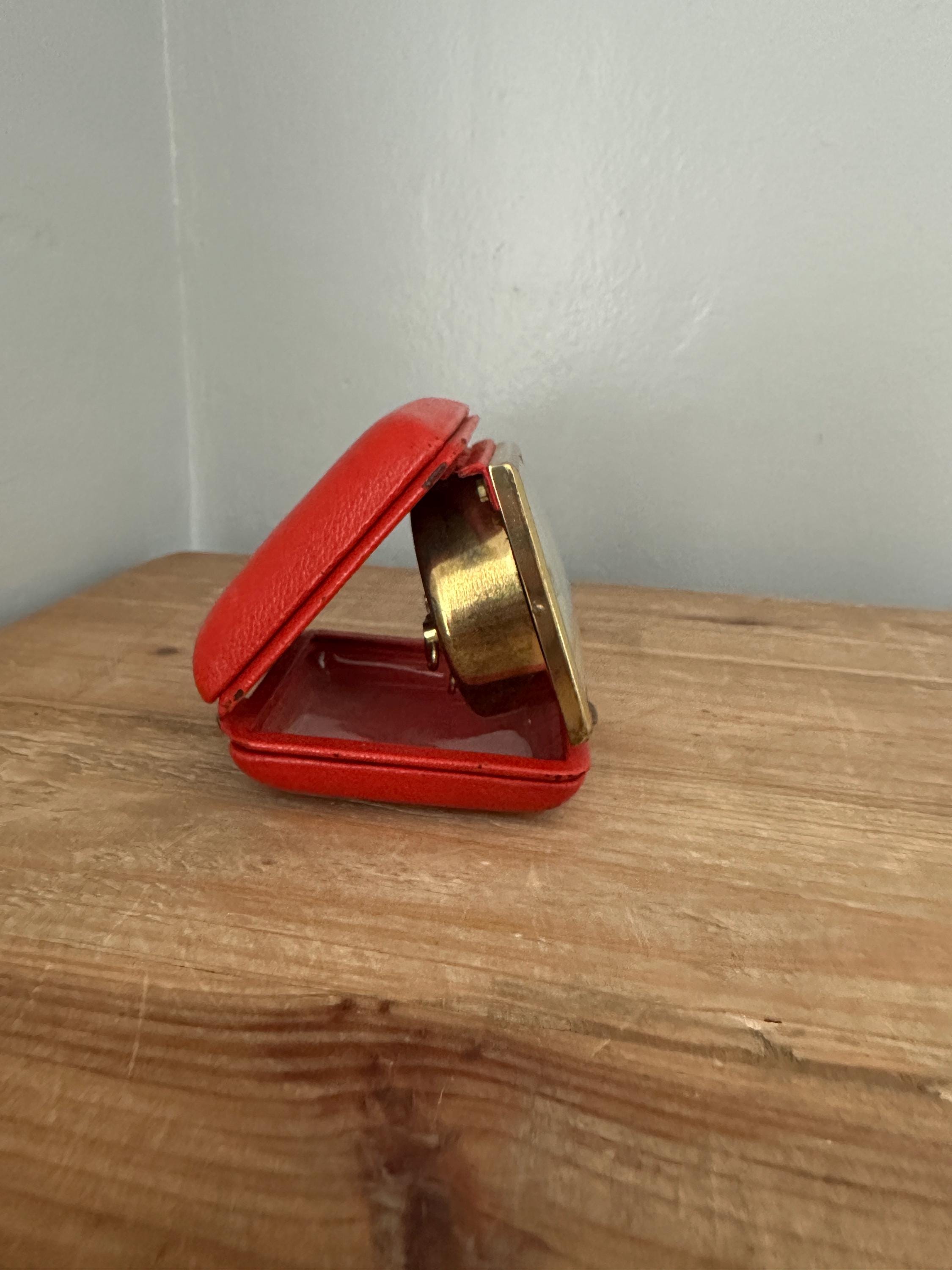 NWOT Vintage Coach travel alarm clock in a red leather folding case Bradley Wind Up Travel Clock, Red Pebbled Leather - I Like  main image 2