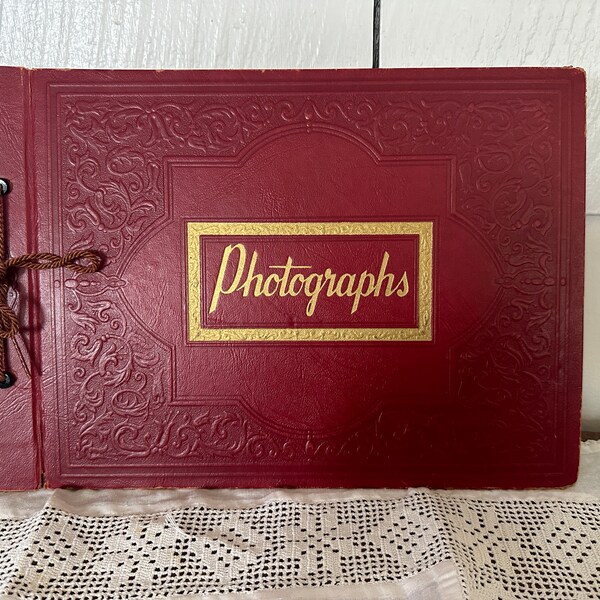 Antique unused red embossed leather photographs scrapbook