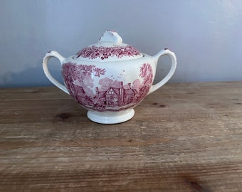 JG Meakin Romantic England red transferware sugar bowl