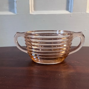 Pink Manhattan Depression glass sugar bowl