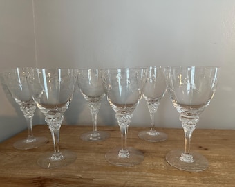 Set of 6 stemmed etched crystal wine/water goblets