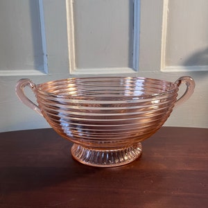 Pink Manhattan Depression glass 9 inch pedestal bowl with handles
