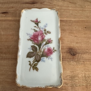 Vintage small ceramic trinket tray with rose motif