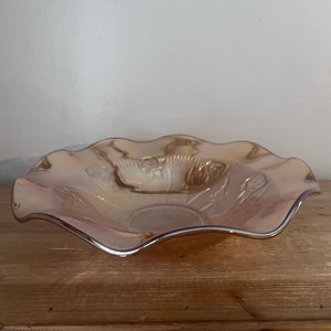 Jeannette Iris Herringbone Marigold Carnival glass serving bowl