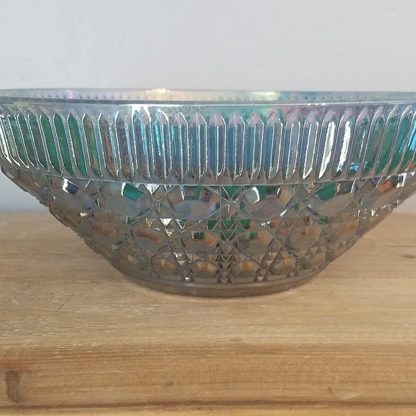 Blue Carnival Glass Bowl with Ribbed Lip