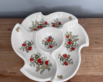 Mushroom decorated serving veggie and dip platter