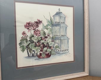 Estampe vintage encadrée, signée et numérotée, représentant des fleurs et une cage à oiseaux, par M Parker