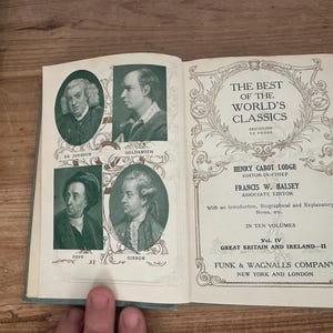 May include: Open book with portraits of historical figures and the title "The Best of the World's Classics." The book is Volume IV, Great Britain and Ireland-II, published by Funk & Wagnalls Company.